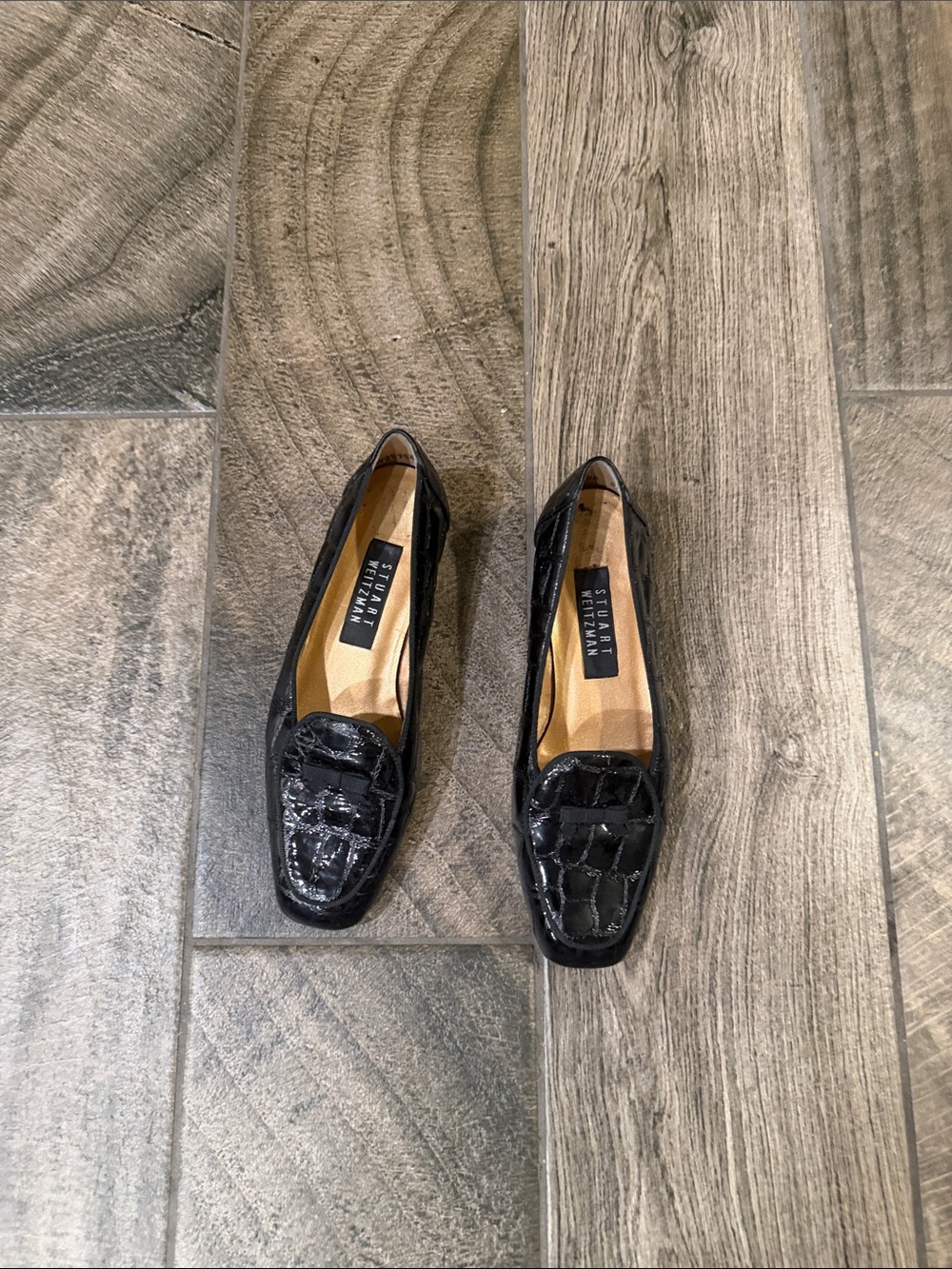 Stuart Weitzman Black Croc-Embossed Loafers